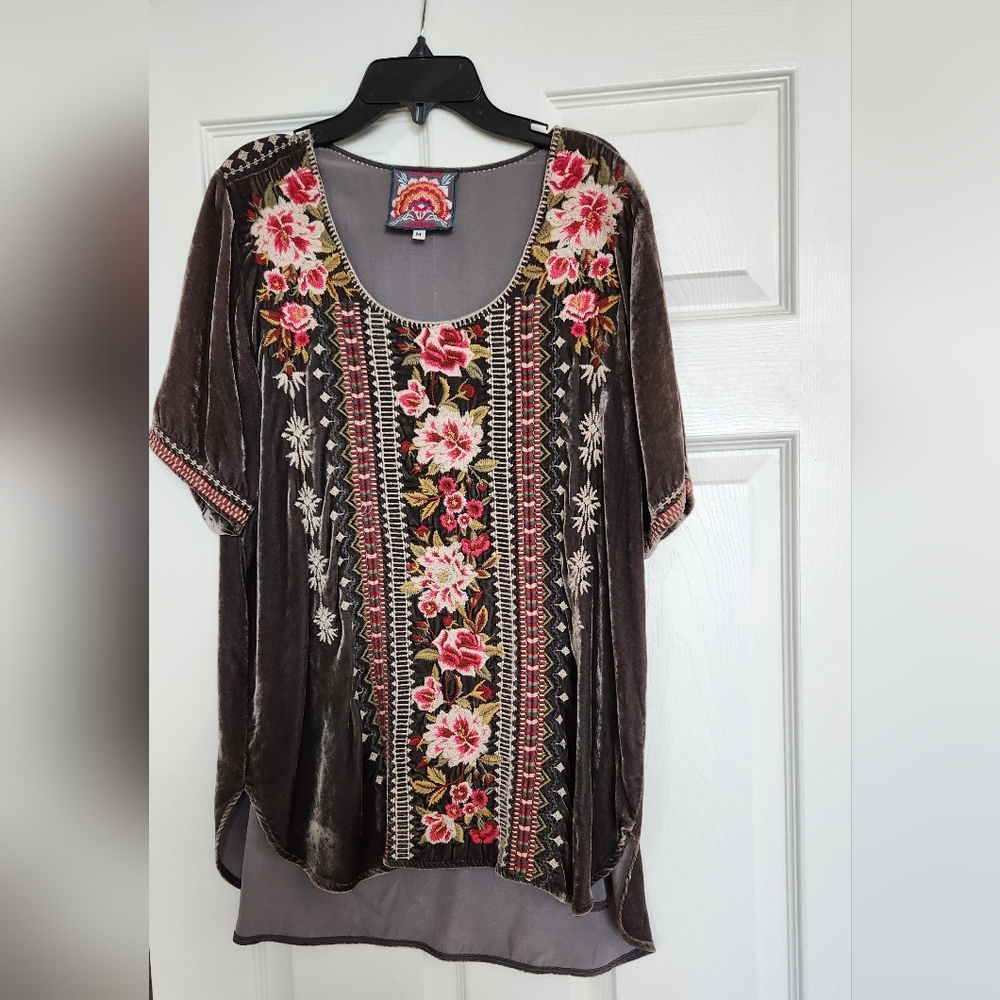 Johnny Was Embroidered Floral Velvet Top